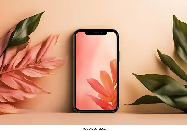 Smartphone with Pink and Green Leaves on Peach Background