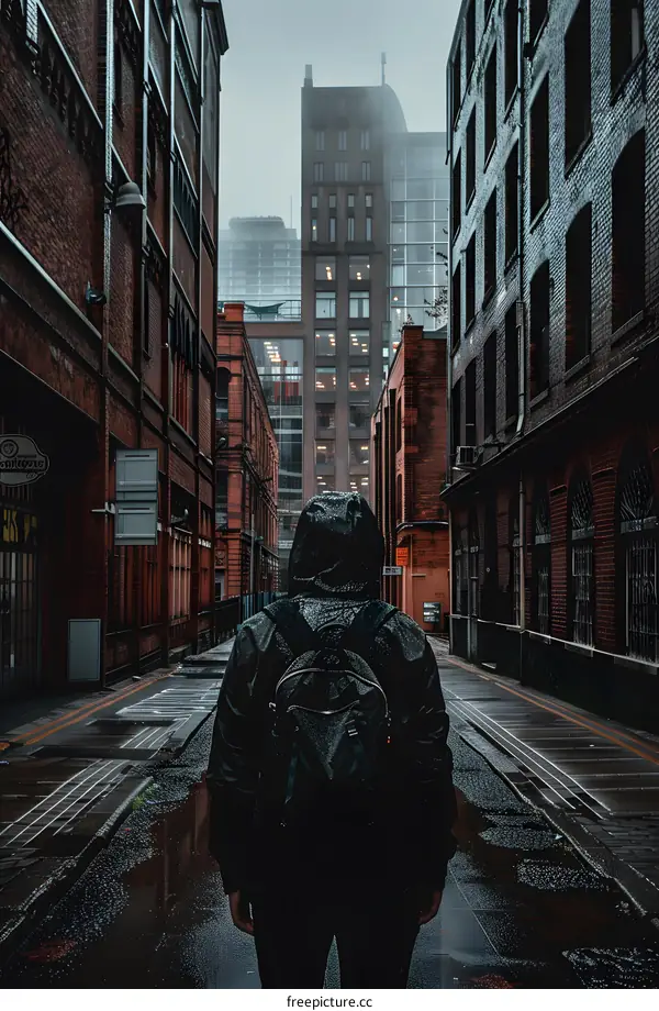 Back View of a Person Walking Alone in a Rainy Alleyway