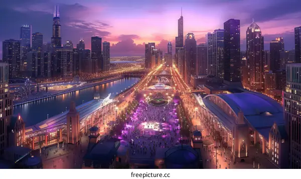 A bird's eye view of the city of Chicago at night