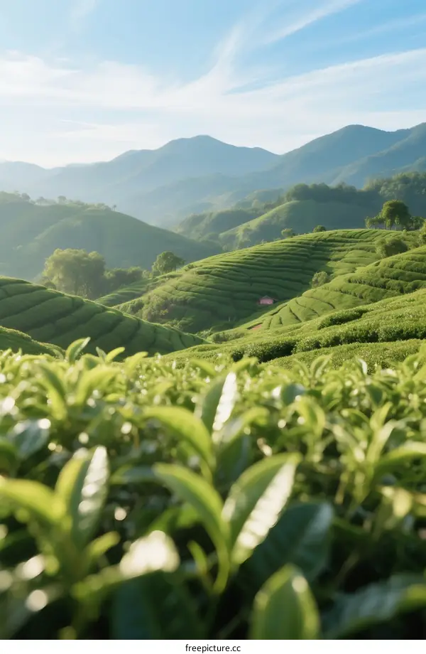 Lush Green Tea Terraces Under Clear Blue Sky and Rolling Hills
