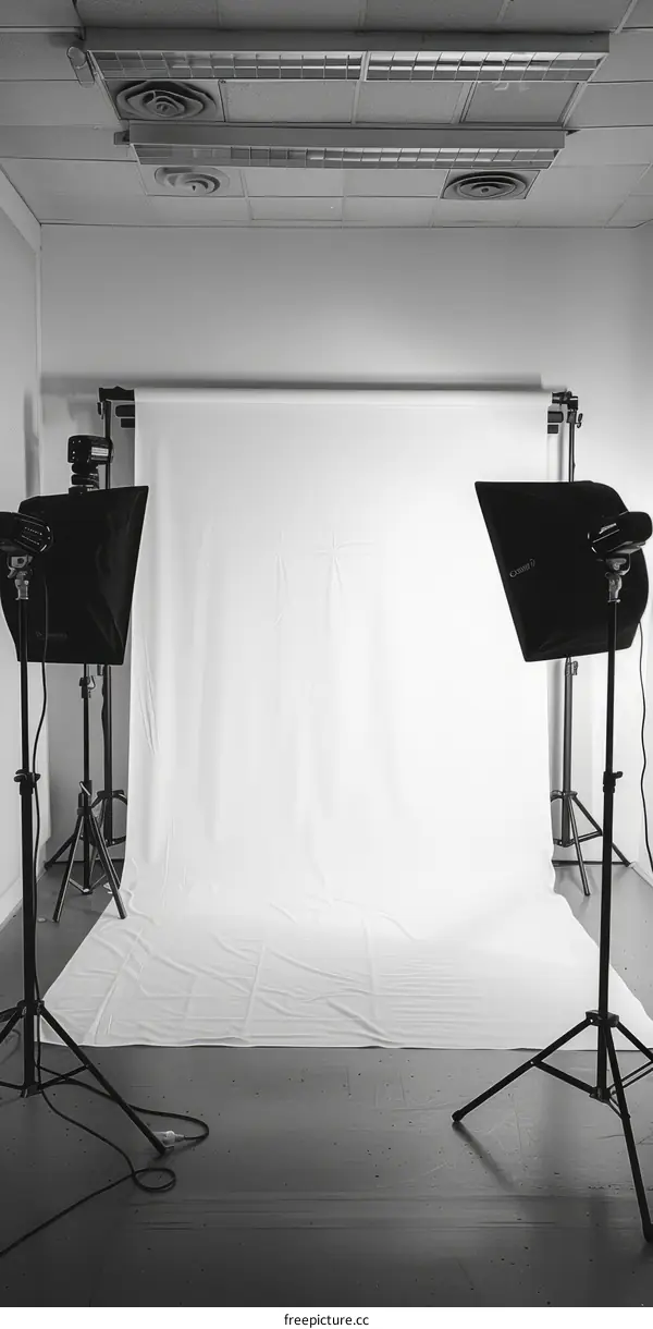 Black and white photo of a photo studio with two lights and a white seamless paper backdrop