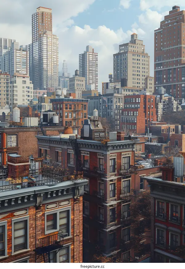 A cityscape of tall buildings with a blue sky and white clouds in the background
