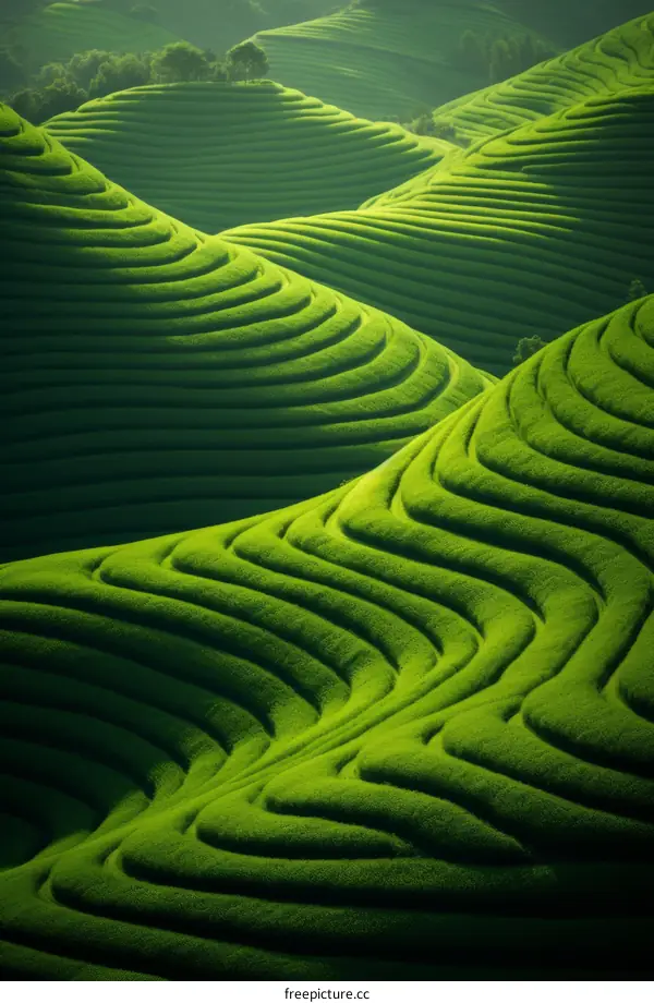 An aerial view of lush green tea plantations in the morning sunlight
