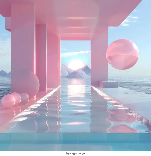 Surreal Pink Landscape with Floating Spheres and Pool