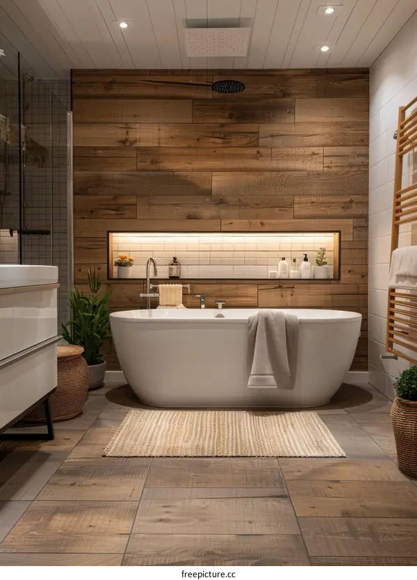 Modern Rustic Bathroom with Wooden Wall and Bathtub