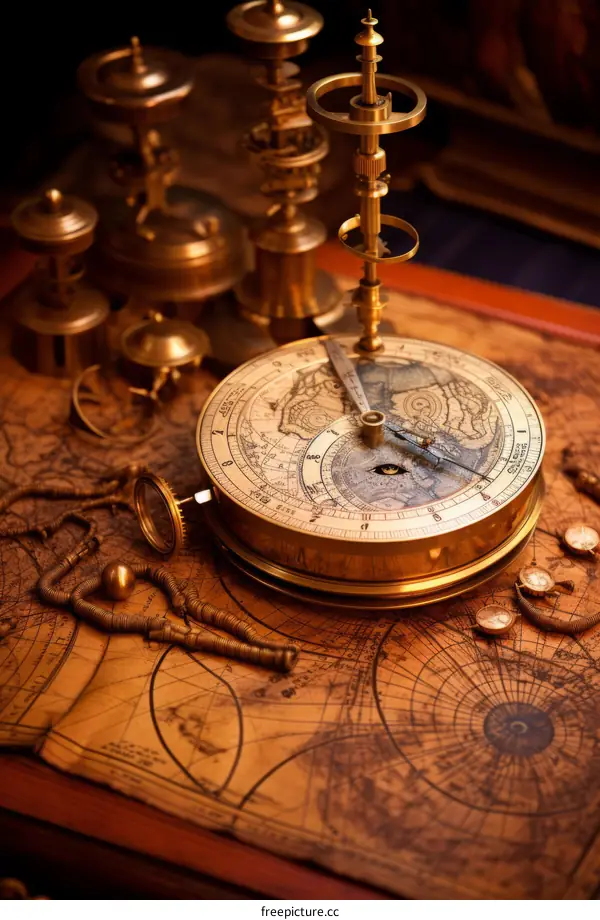 An illustration of an old compass on a world map