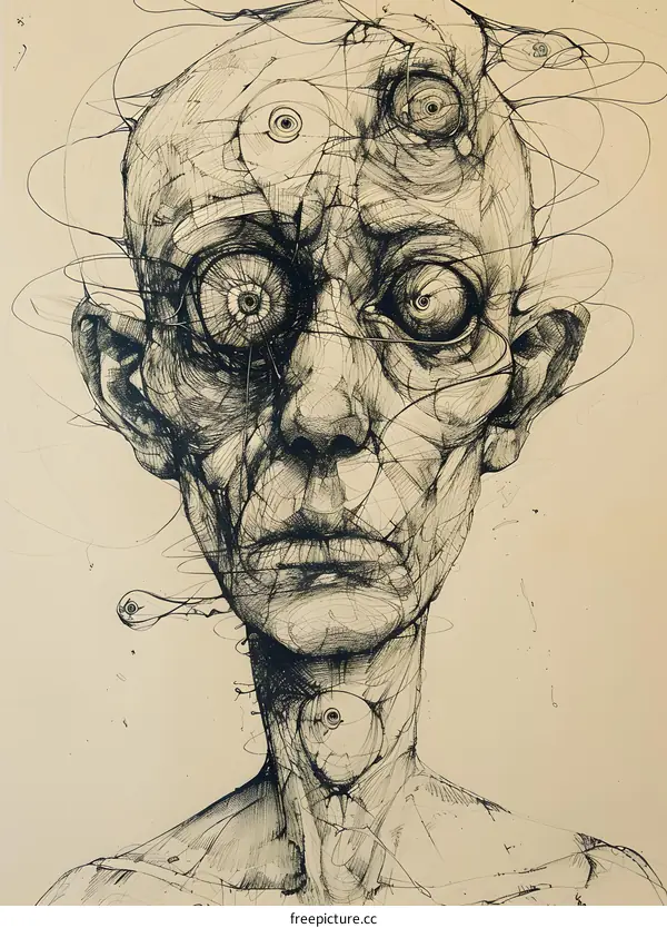 sketch of a human face with multiple eyes