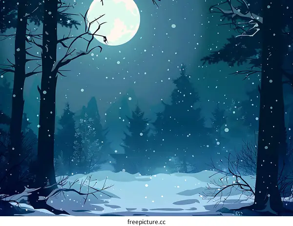 Snowy Night Forest With Full Moon