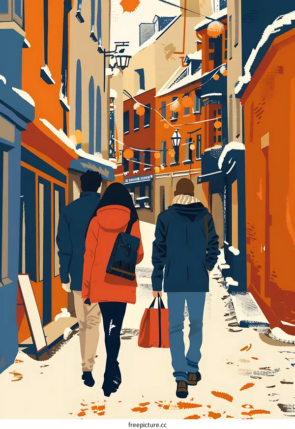 Winter Street Scene with Three People Walking in Snowy Alley