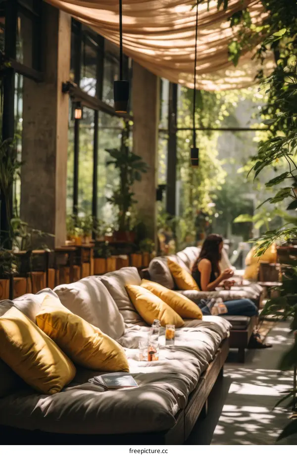 A cozy living room with a lot of pillows and plants