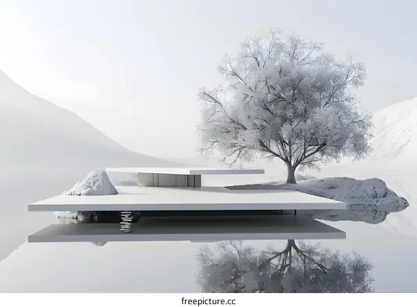Minimalist White Architecture with Tree and Mountains