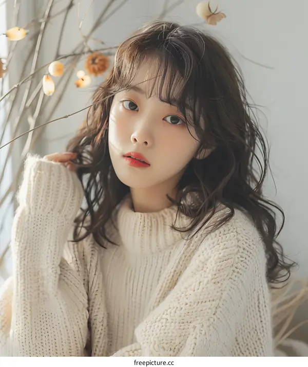 Young Asian Woman With Curly Hair Wearing a White Sweater