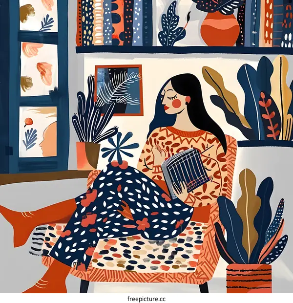 Woman Reading in Cozy Home Interior with Plants