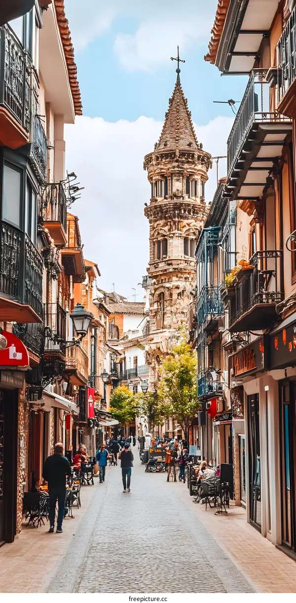 Cobblestone Street with Tower in Old European City