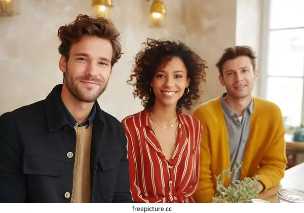 Three Diverse Friends Smiling Together in a Cafe