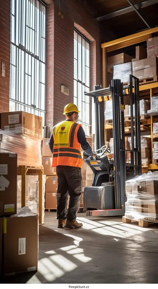 A warehouse worker operates a forklift in a warehouse