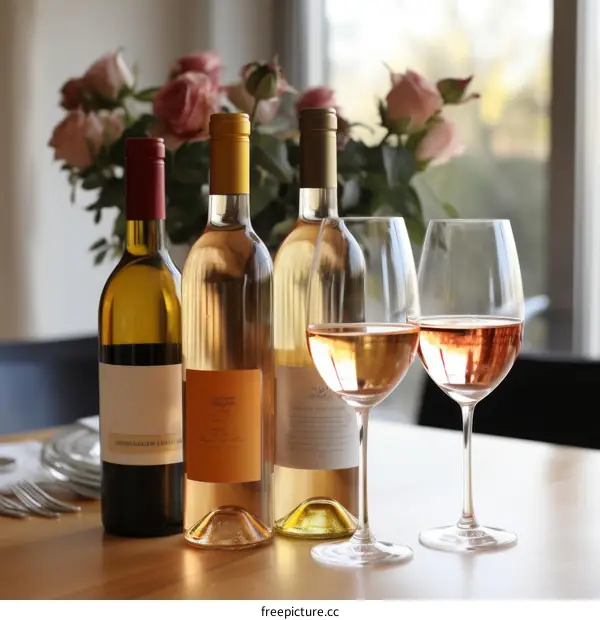 Three Bottles of Wine on a Table with Two Glasses