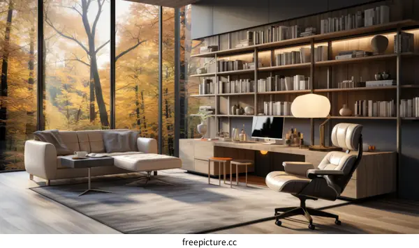 Modern home office with large windows and a view of the forest
