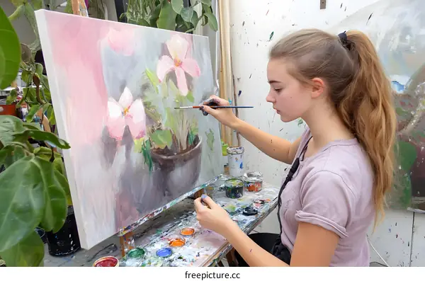 Young Female Artist Painting Flowers in Studio