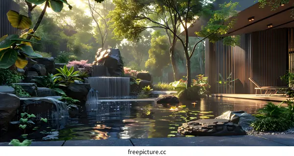 Courtyard with a Waterfall and Koi Pond