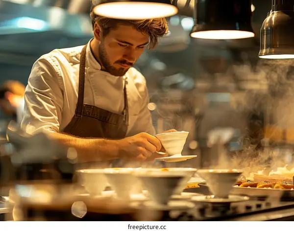 Focused young male chef examining dish in kitchen