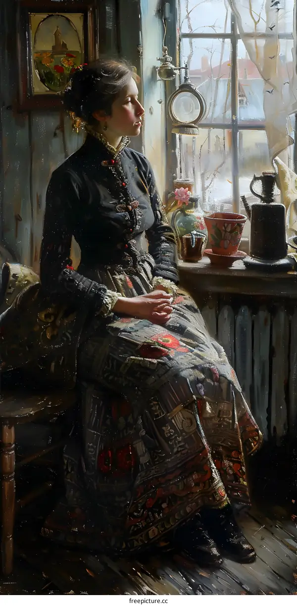 A young woman is sitting on a chair in front of a window