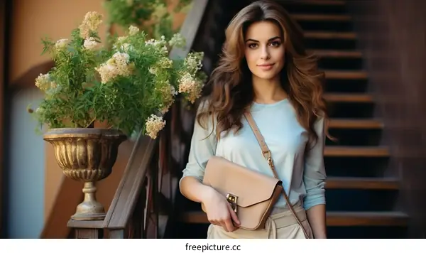 A beautiful young woman is standing on the stairs and holding a brown handbag