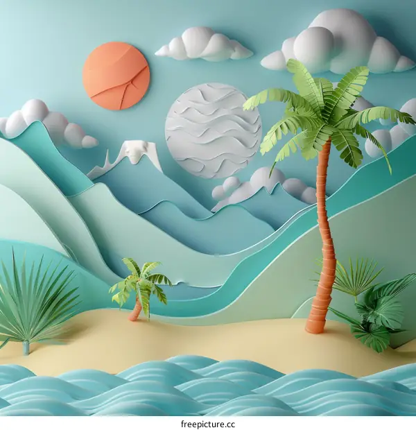 Paper Cut Tropical Island Landscape