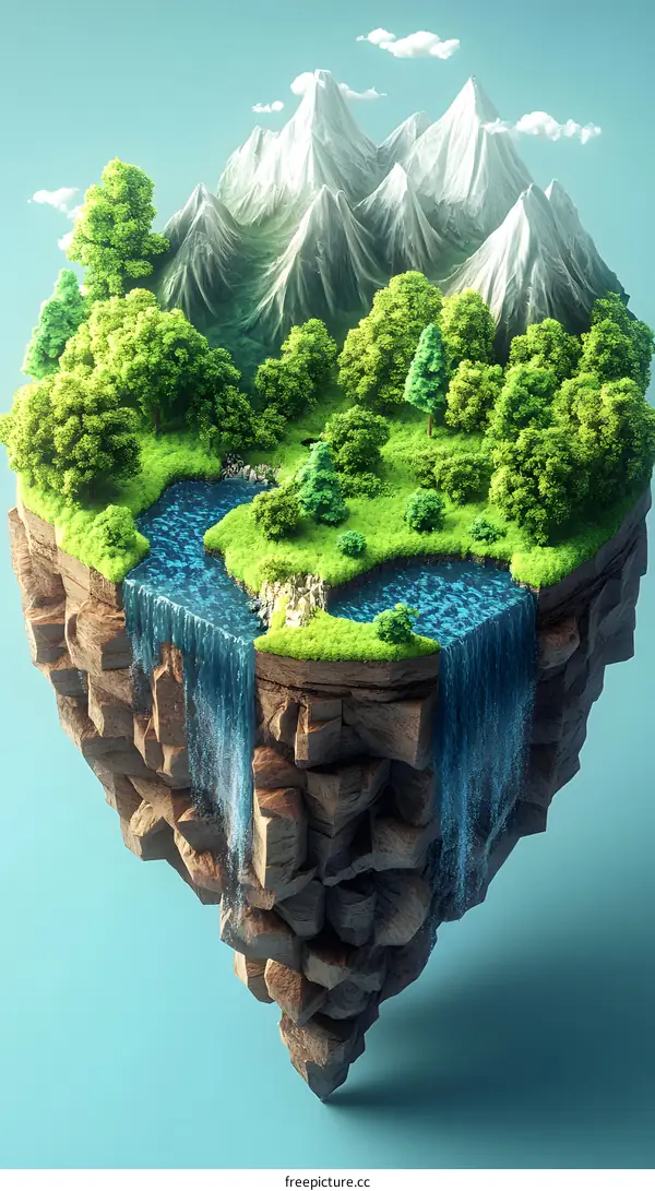 Floating Island with Waterfall and Mountain Landscape