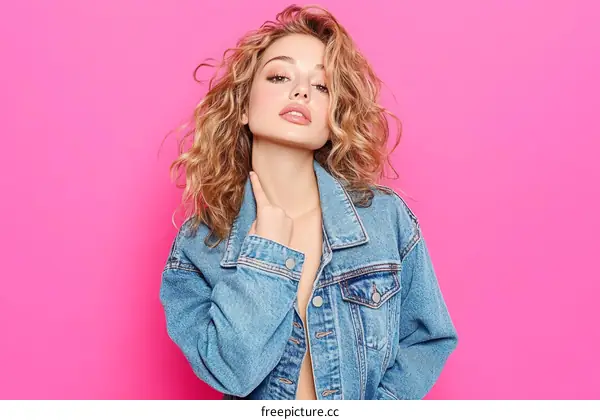 Fashionable Woman in Denim Jacket on Pink Background