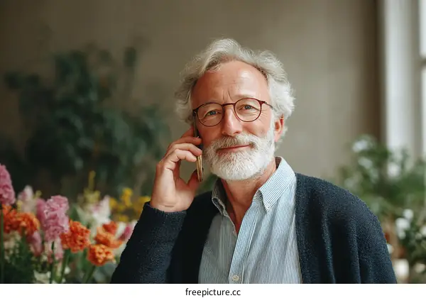 Senior Man Talking on the Phone in Floral Shop