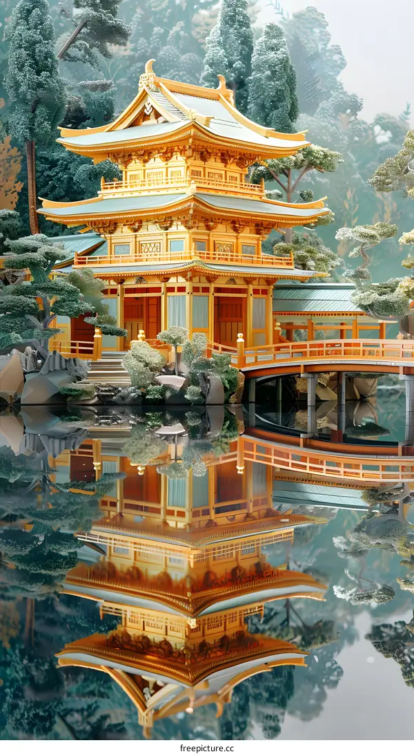 A miniature Japanese temple sits in a serene garden with a reflection in the water