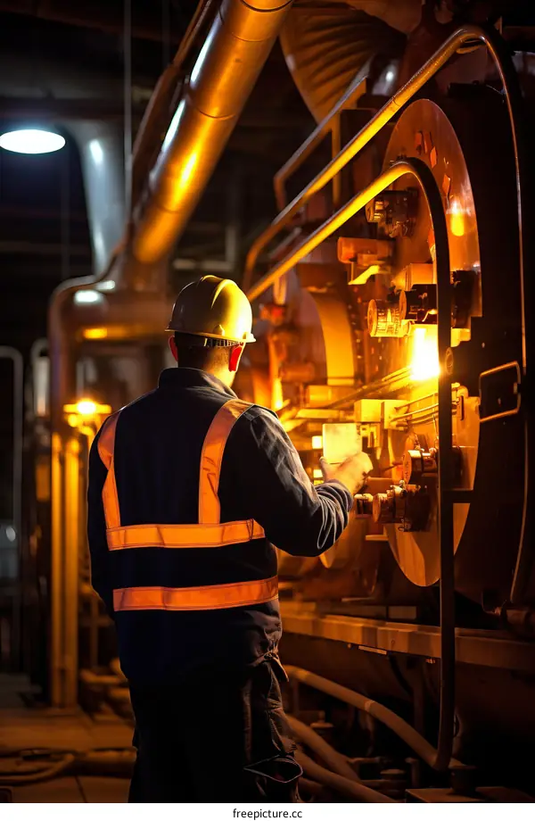 Industrial worker in hard hat and safety vest inspecting machinery in factory