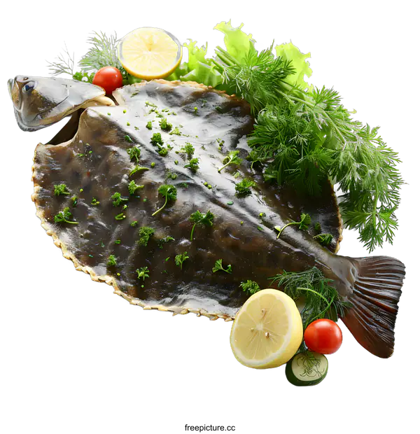 [Transparent Background PNG]Fresh raw fish with lemon and herbs on white background