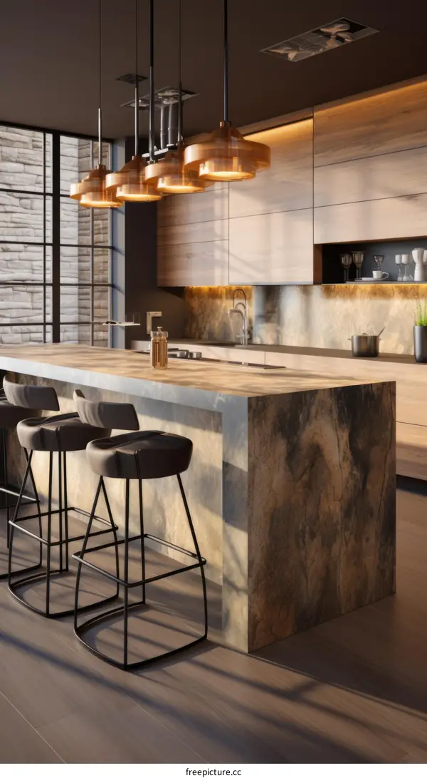Modern Kitchen Interior Design With Wooden Cabinets and Marble Island