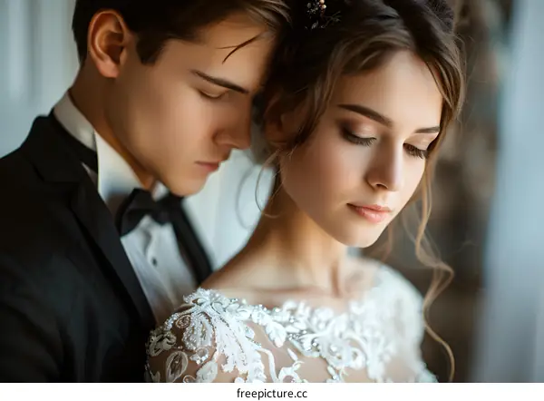 A newlywed couple is taking their wedding photos on their wedding day