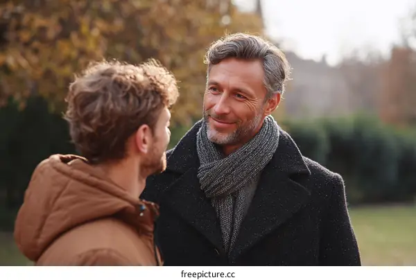 Two Caucasian Men Outdoor Conversation