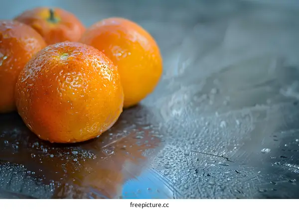Close Up of Ripe Oranges with Water Drops on a Grey Surface