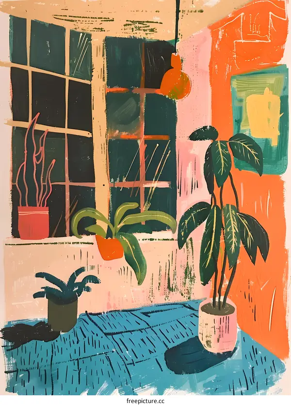 Colorful Illustration of an Interior Room with Plants