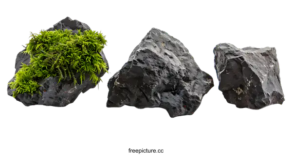 [Transparent Background PNG]Three Black Rocks with Green Moss