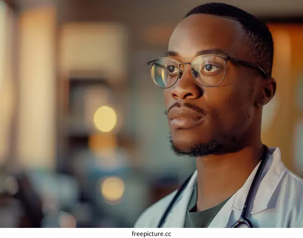 Portrait of a male doctor of African descent wearing a white coat and stethoscope around his neck