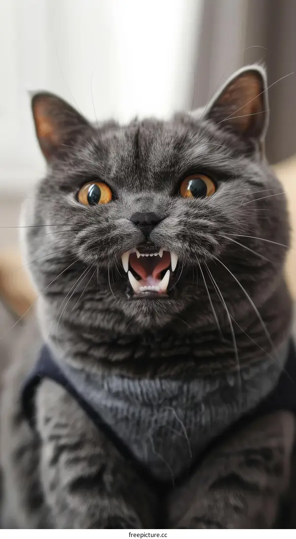 Grey Cat Growling with Bared Teeth