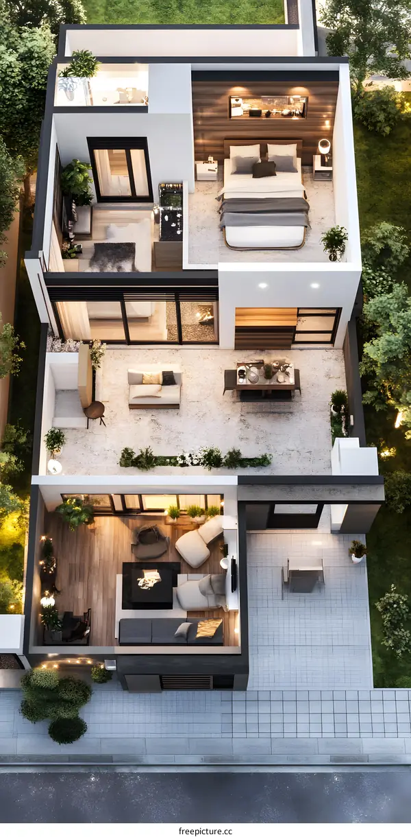 Modern House Design with Multiple Patios and Rooftop Garden