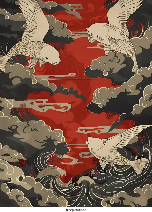 Japanese Style Flying Fish Art Illustration