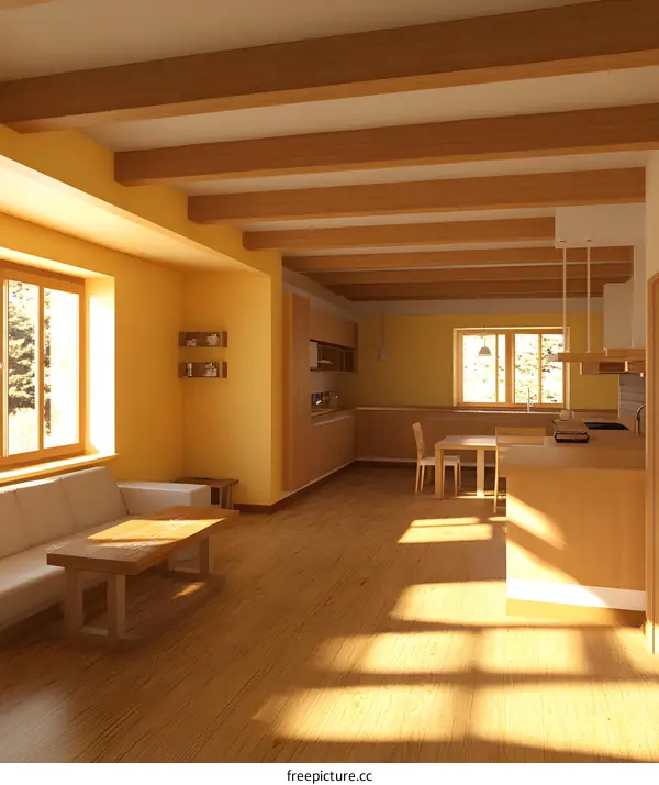 Modern Kitchen and Living Room Interior Design With Wooden Beams