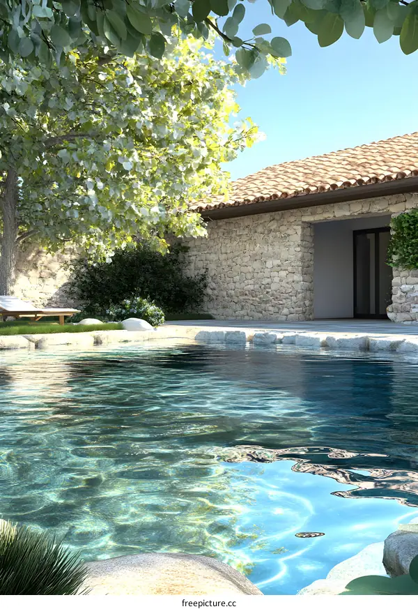 Stone House and Swimming Pool in the Backyard