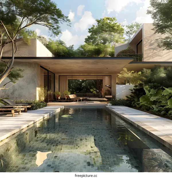 Modern Home Design with Swimming Pool and Lush Greenery