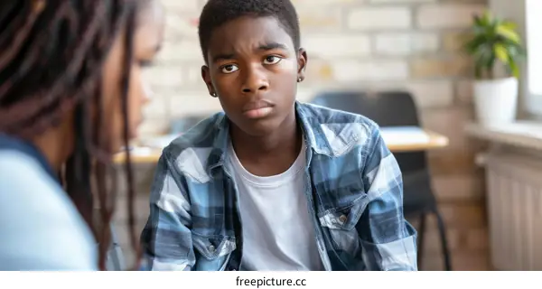 African American teenage boy talking to an adult