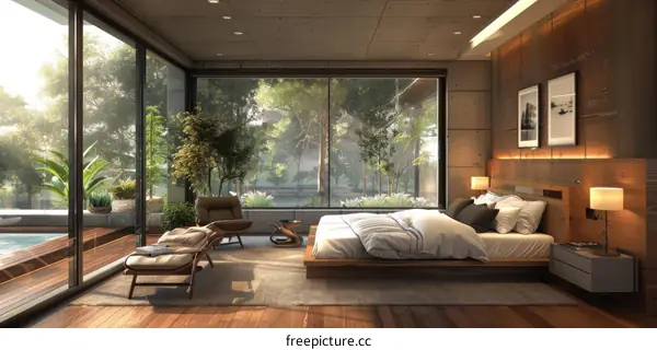 Modern bedroom interior design with large windows overlooking a lush green landscape