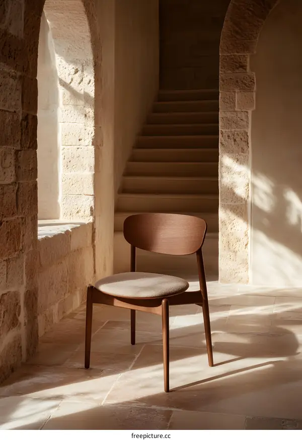 Wooden Chair in Stone Hallway with Sunlight